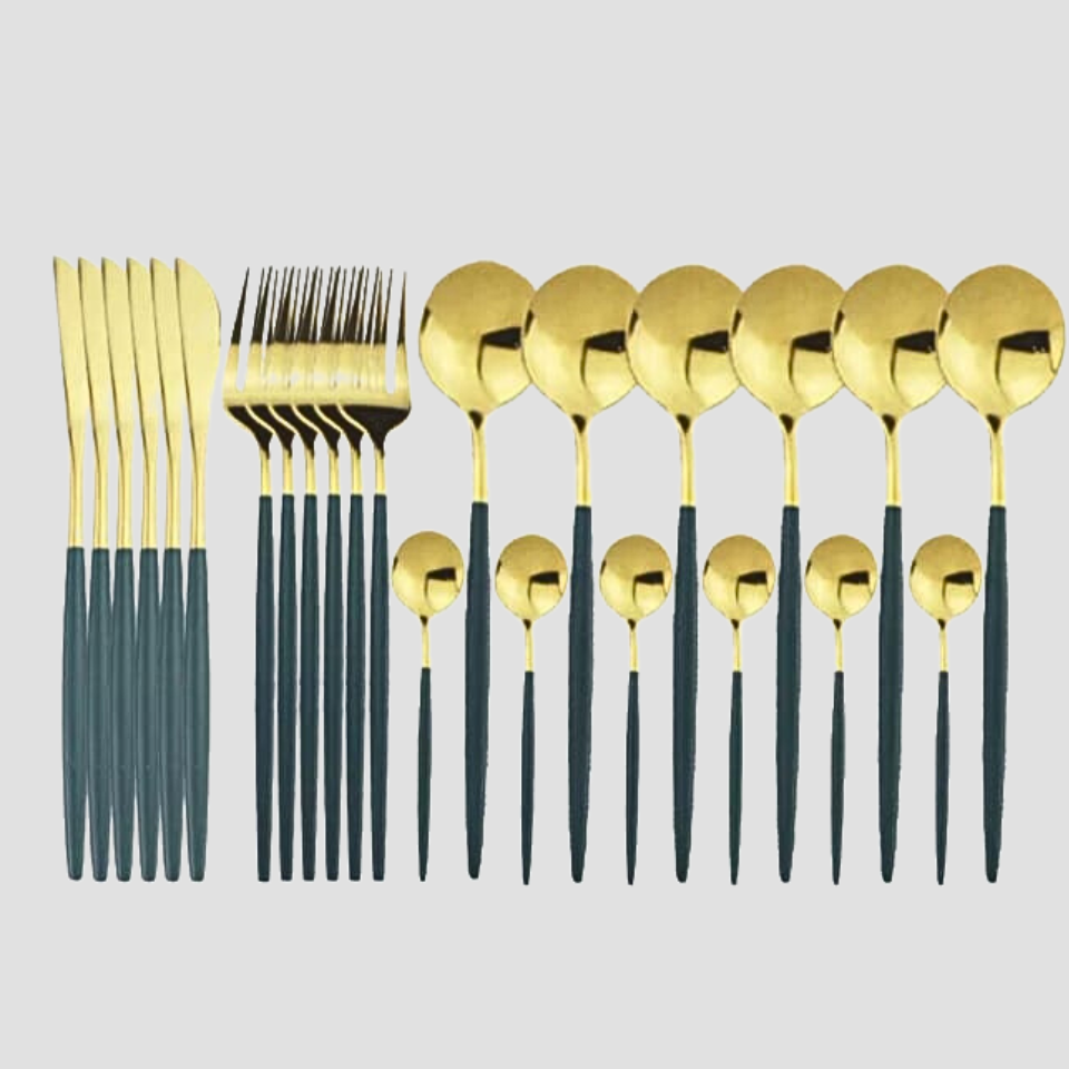 Conjunto de talheres Preto e Dourado 24 pcs - BLACK GOLD - Minimalist House LTDA