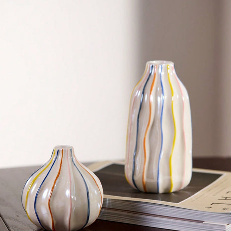 Cirelle Vaso de Cerâmica Listrado Colorido Feito à Mão Decorativo