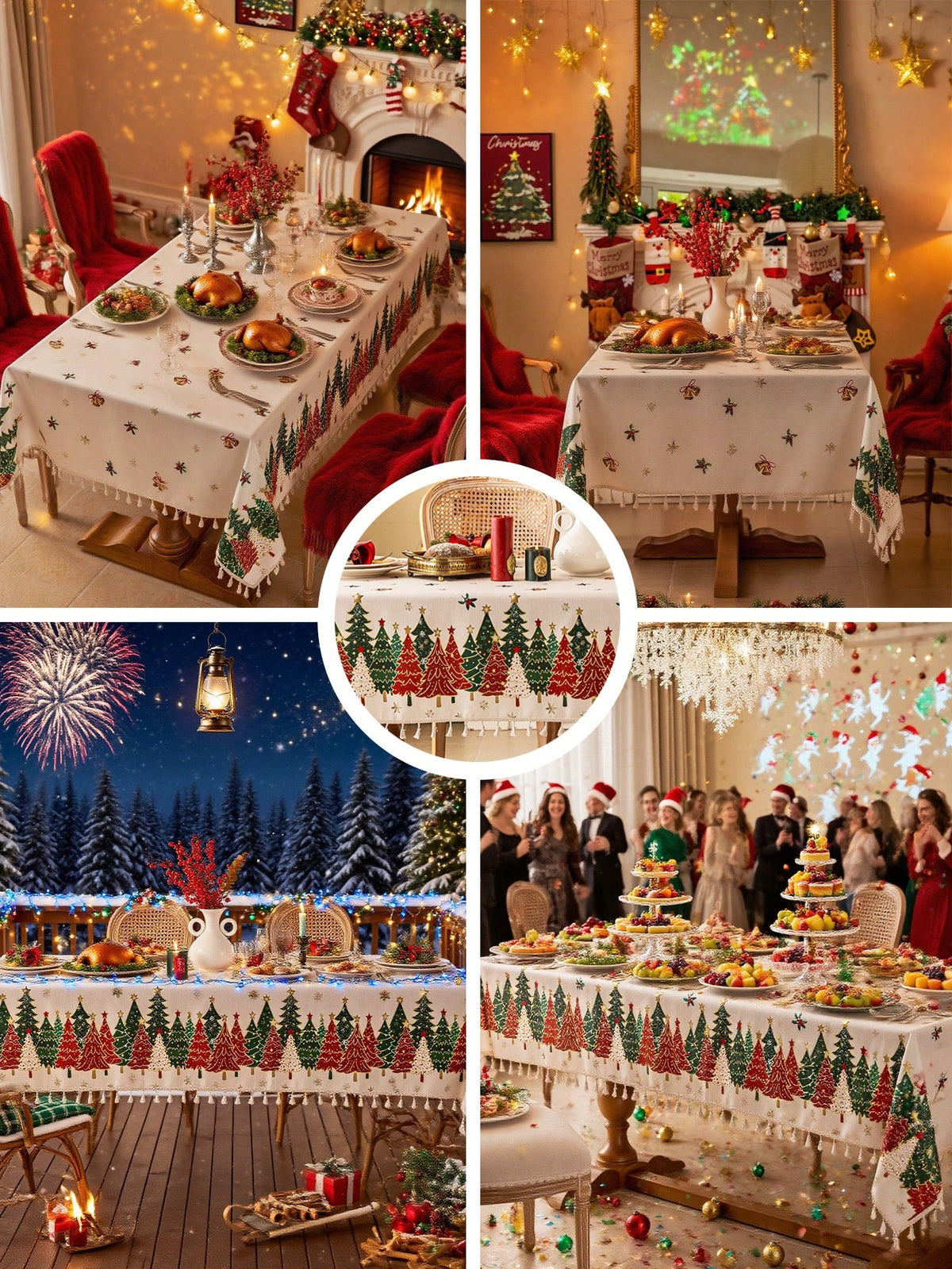 Toalha de Mesa de Natal Estampa Árvores Barra de Renda