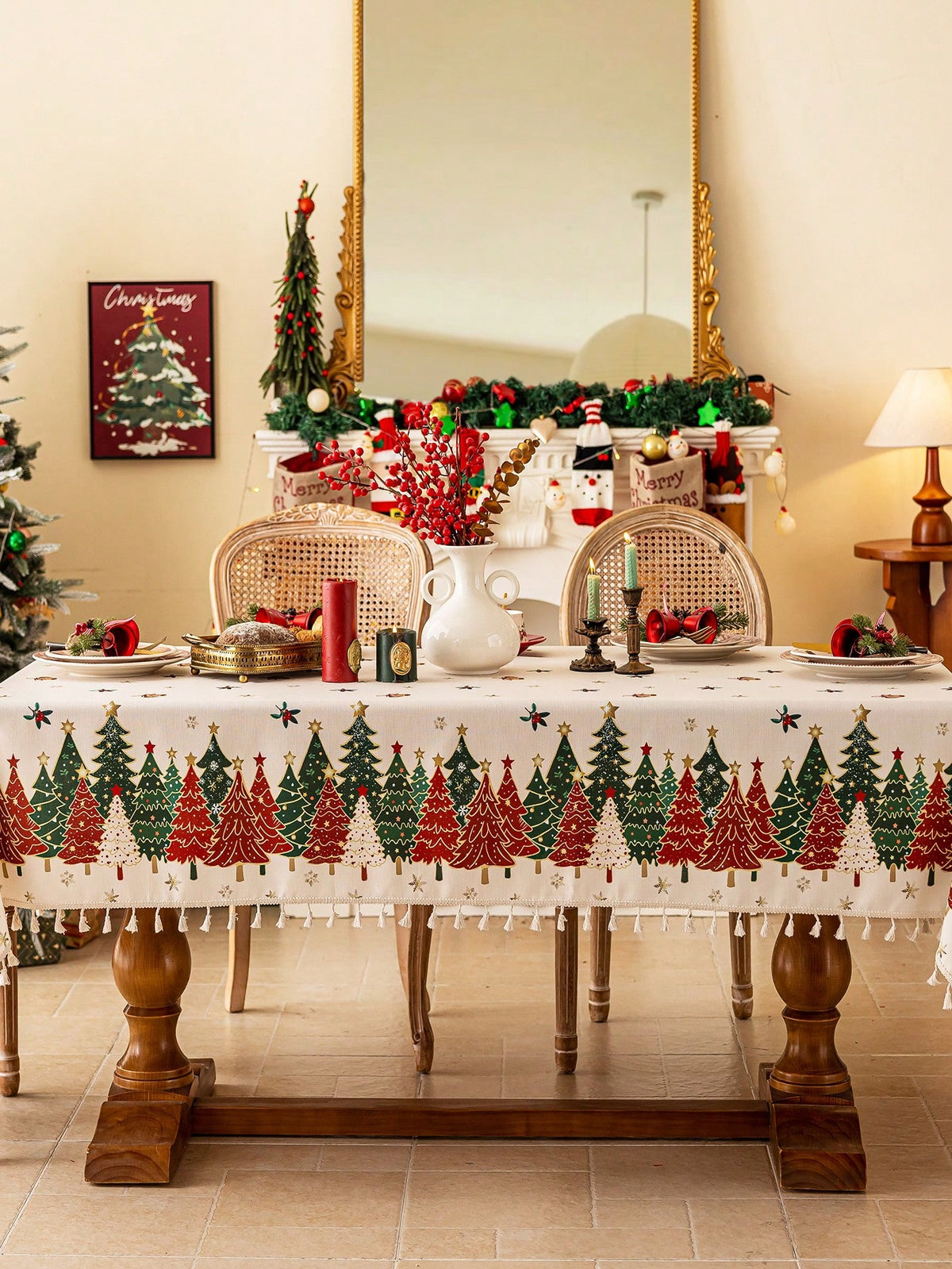 Toalha de Mesa de Natal Estampa Árvores Barra de Renda