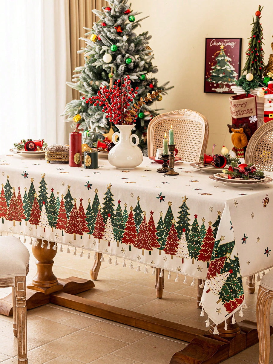 Toalha de Mesa de Natal Estampa Árvores Barra de Renda