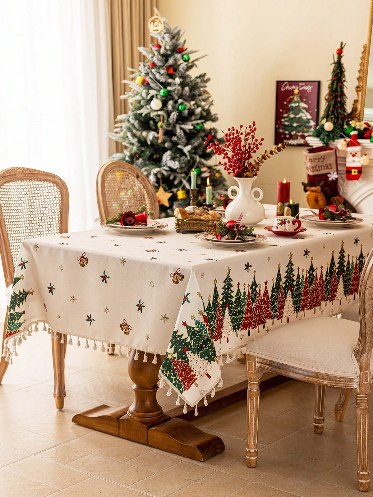 Toalha de Mesa de Natal Estampa Árvores Barra de Renda