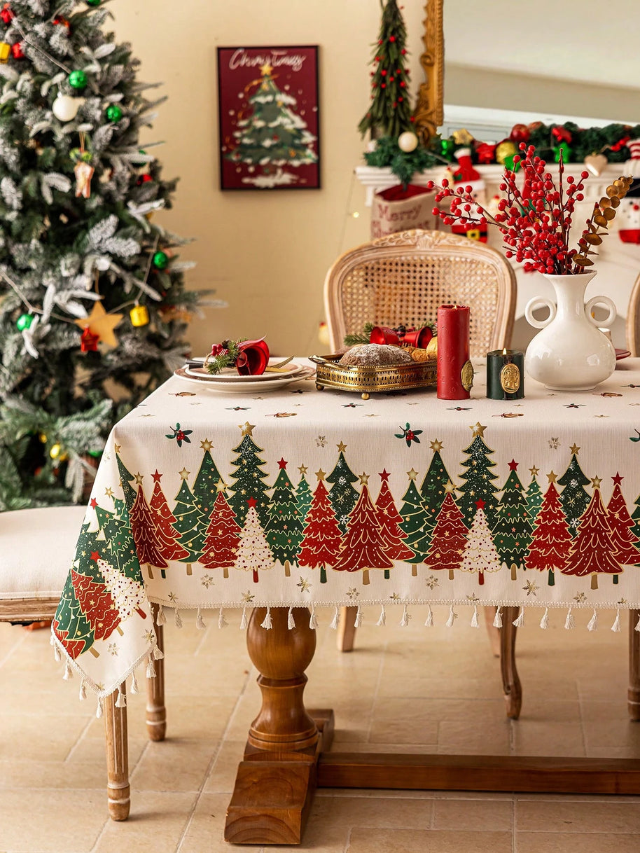 Toalha de Mesa de Natal Estampa Árvores Barra de Renda