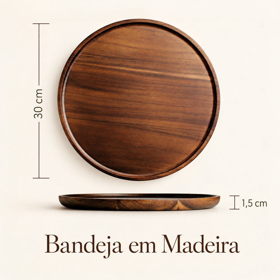 Bandeja Redonda Madeira Maciça Retrô Decorativa Multiuso