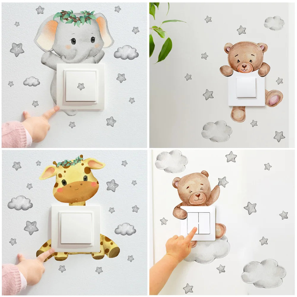 Adesivo de Parede Infantil Ursinho, Girafa, Elefante e Estrelas