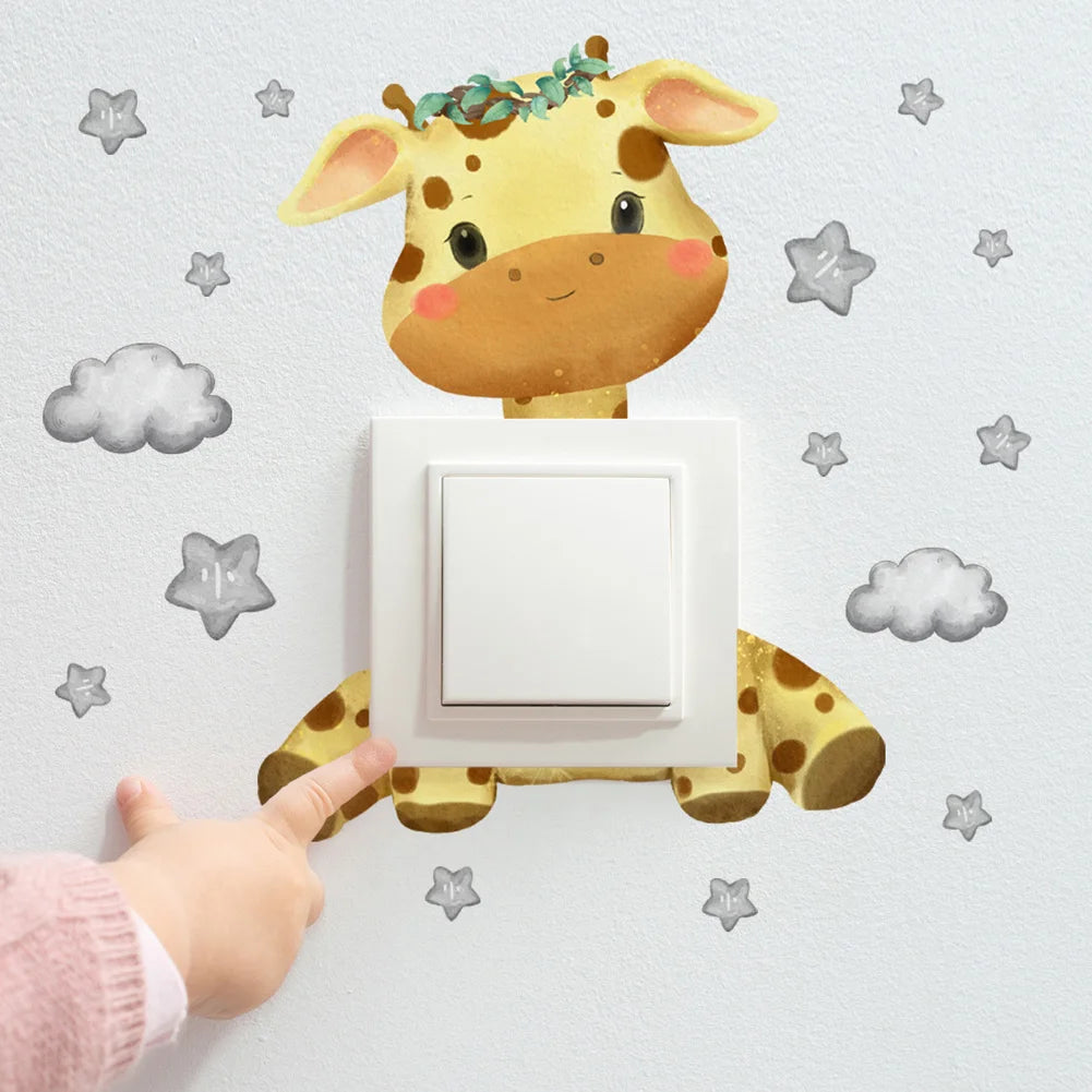 Adesivo de Parede Infantil Ursinho, Girafa, Elefante e Estrelas