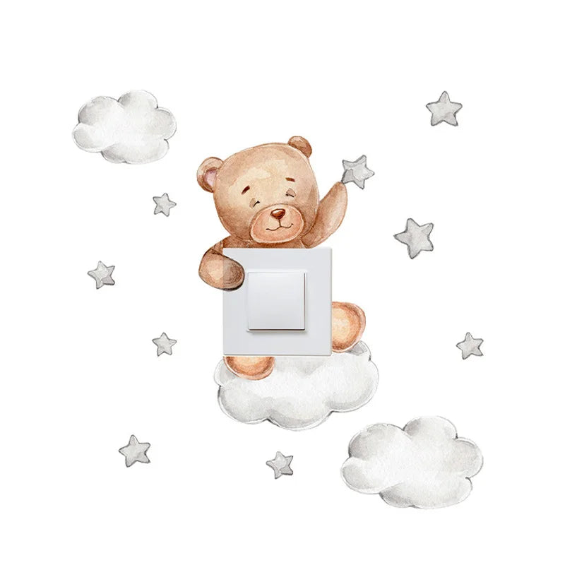 Adesivo de Parede Infantil Ursinho, Girafa, Elefante e Estrelas