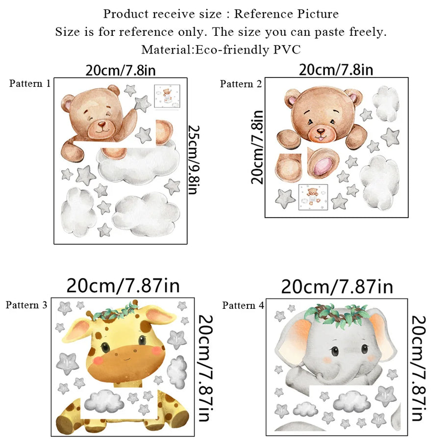 Adesivo de Parede Infantil Ursinho, Girafa, Elefante e Estrelas