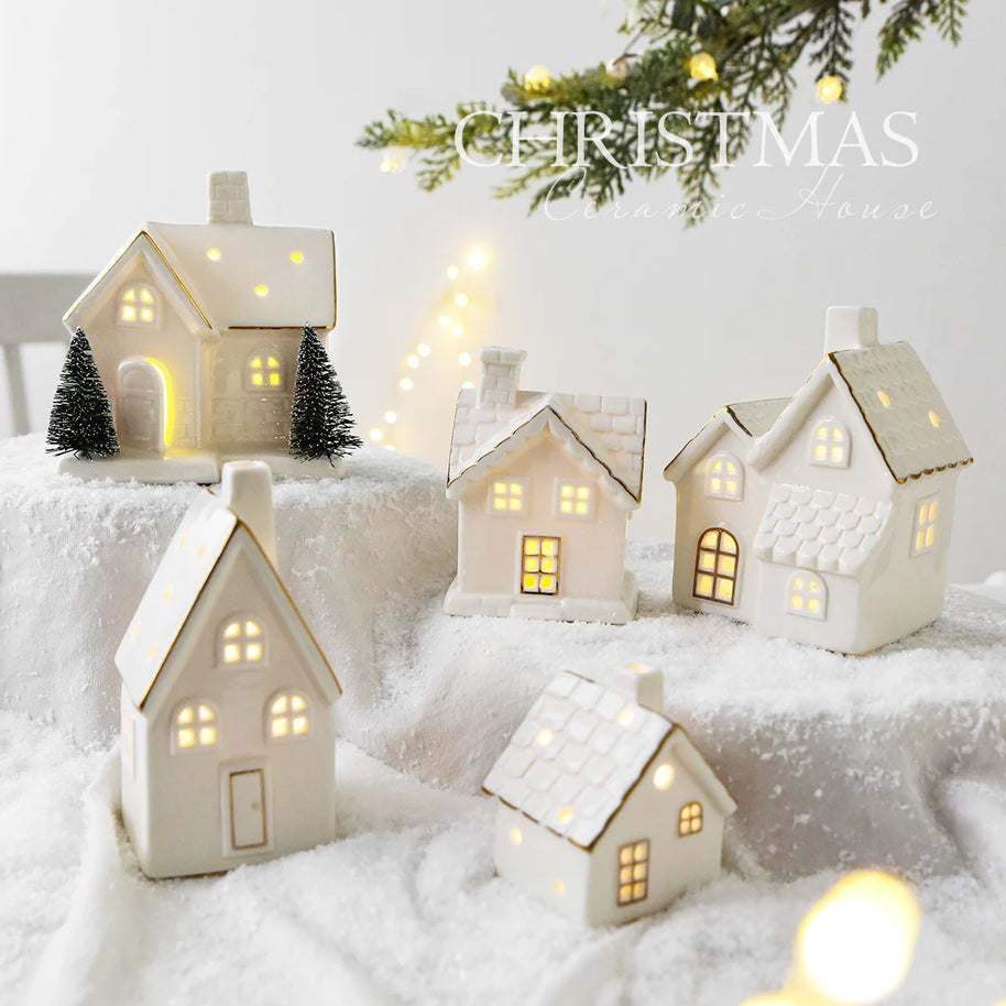 Casinhas Decorativas de Cerâmica com Luz LED - Natal