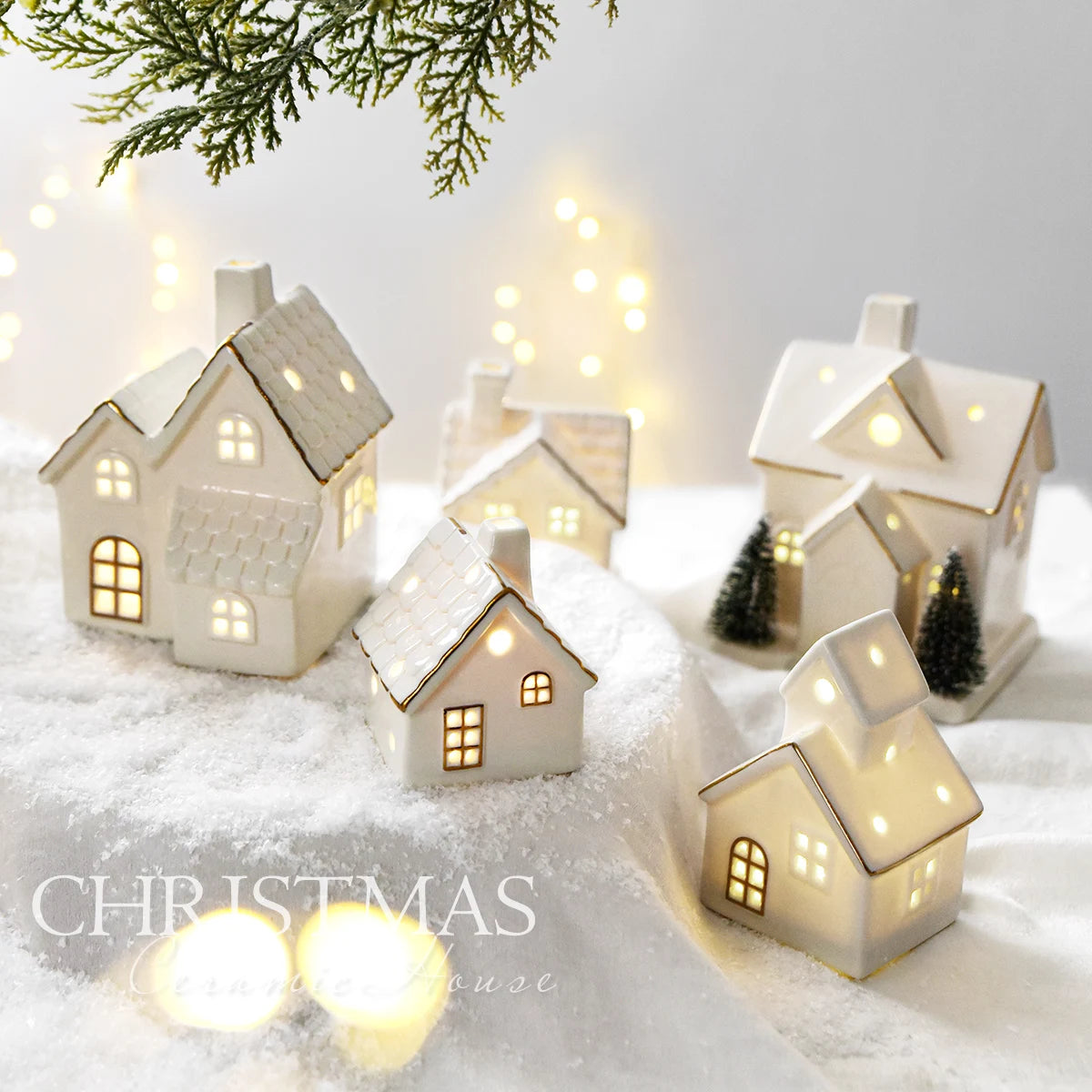 Casinhas Decorativas de Cerâmica com Luz LED - Natal
