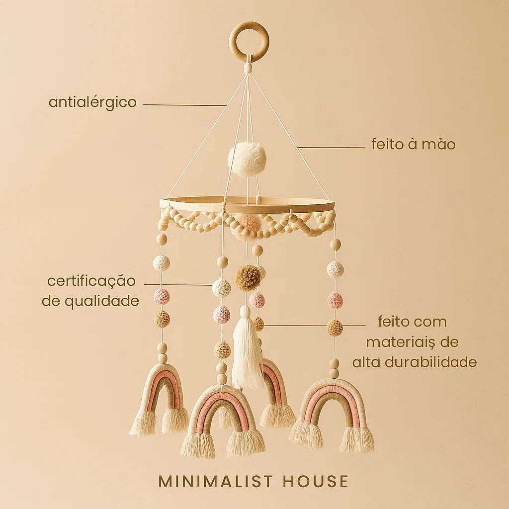 Móbile Berço Rainbow Dreams - Arco-íris em Algodão e Madeira