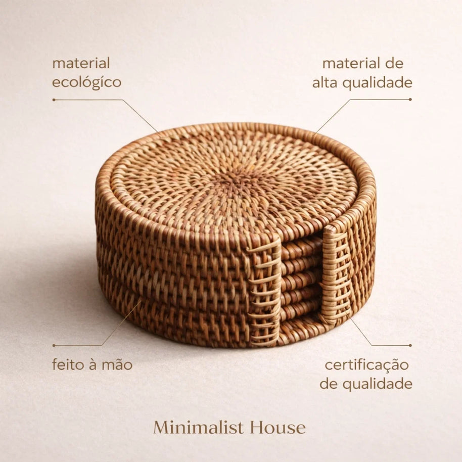 Esteira para copos / porta copos / descanso de copos de rattan  - 6 peças