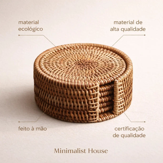 Esteira para copos / porta copos / descanso de copos de rattan  - 6 peças