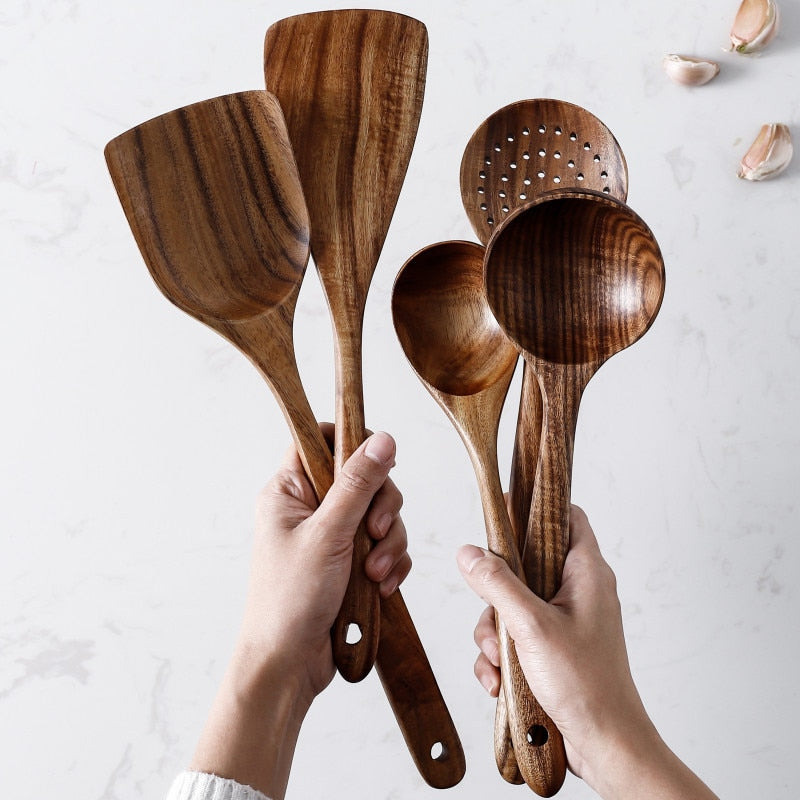 Conjunto de utensílios de cozinha Tailandês (madeira natural) - Minimalist House LTDA