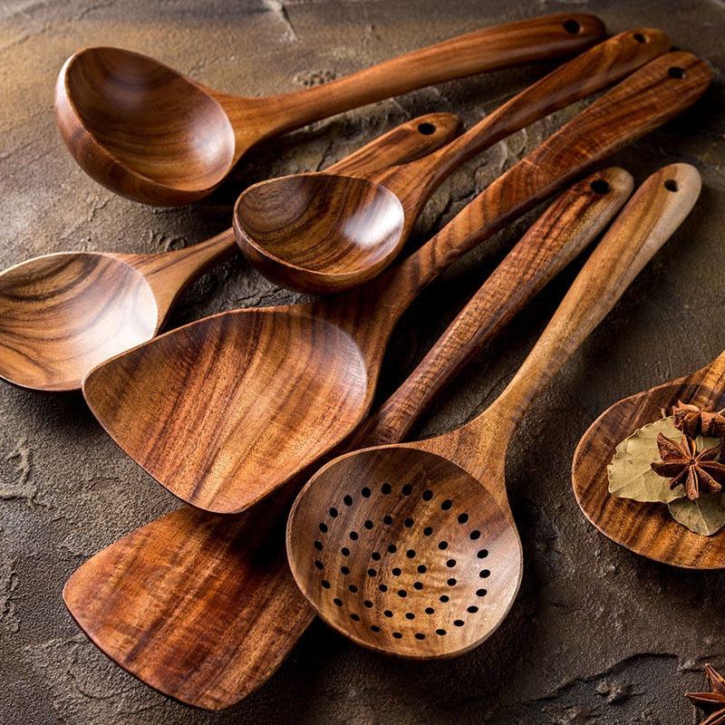 Conjunto de utensílios de cozinha Tailandês (madeira natural) - Minimalist House LTDA